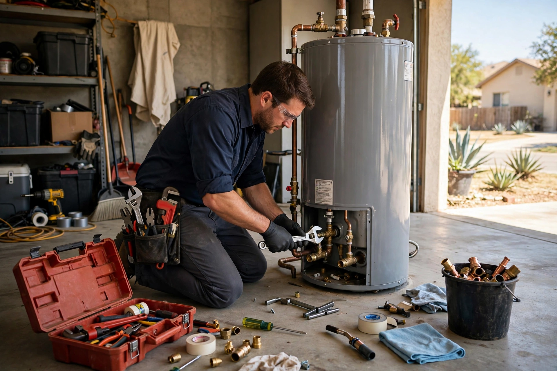 Plumber repairing a water heater in a Texas garage