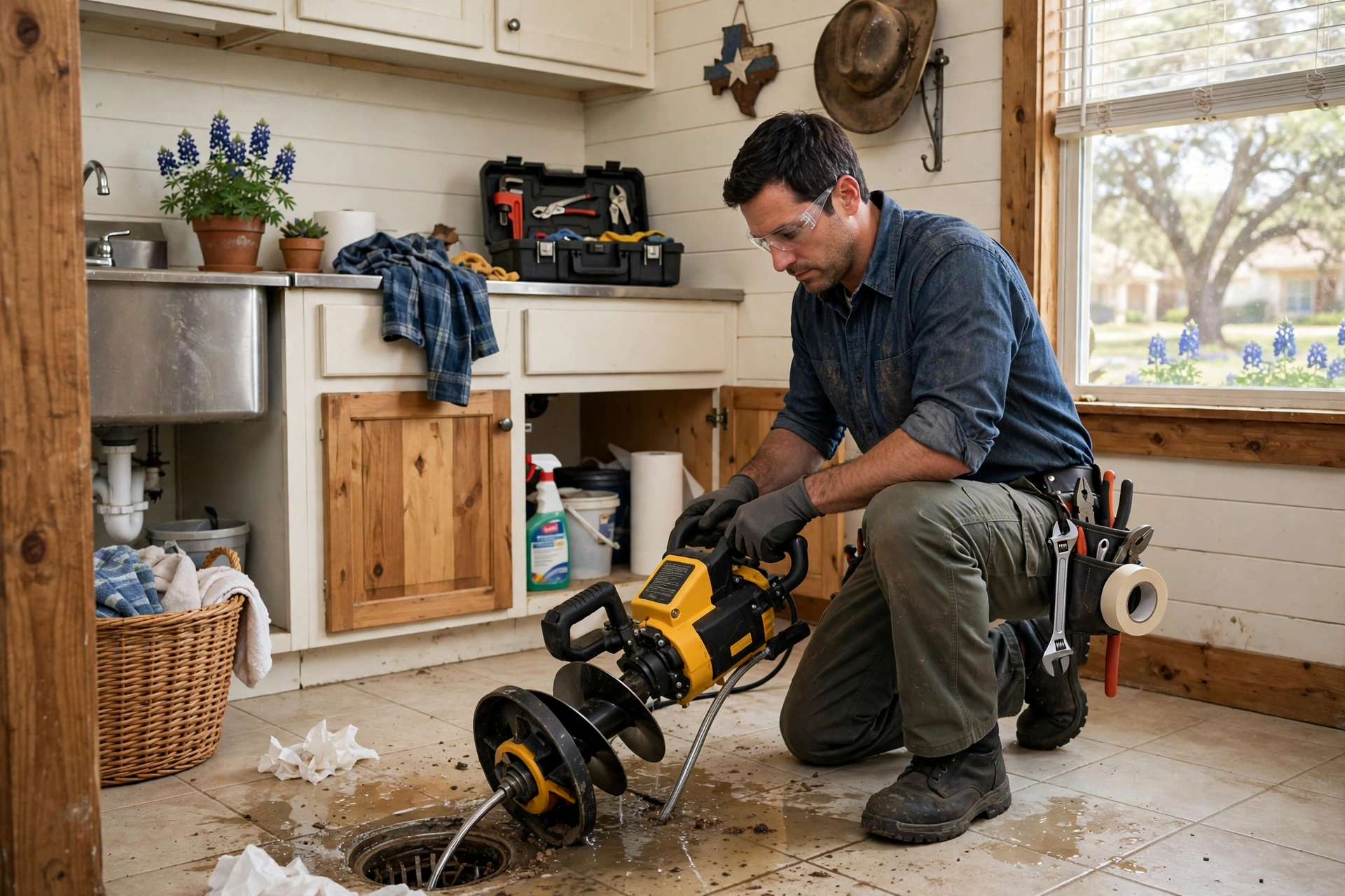 Plumber clearing a clogged drain with a drain machine in a Texas home