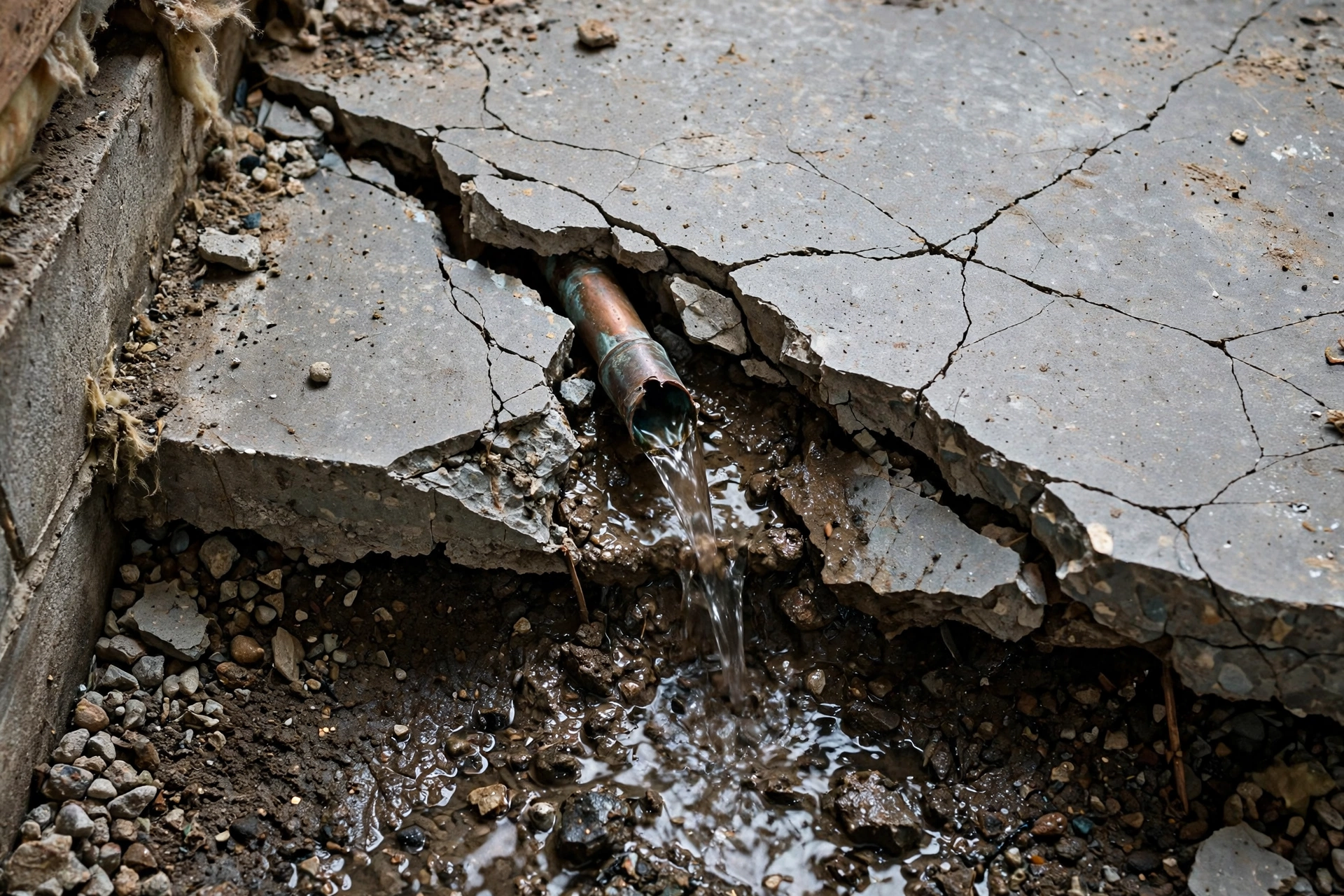 Cracked concrete slab with a visible water leak and exposed pipe