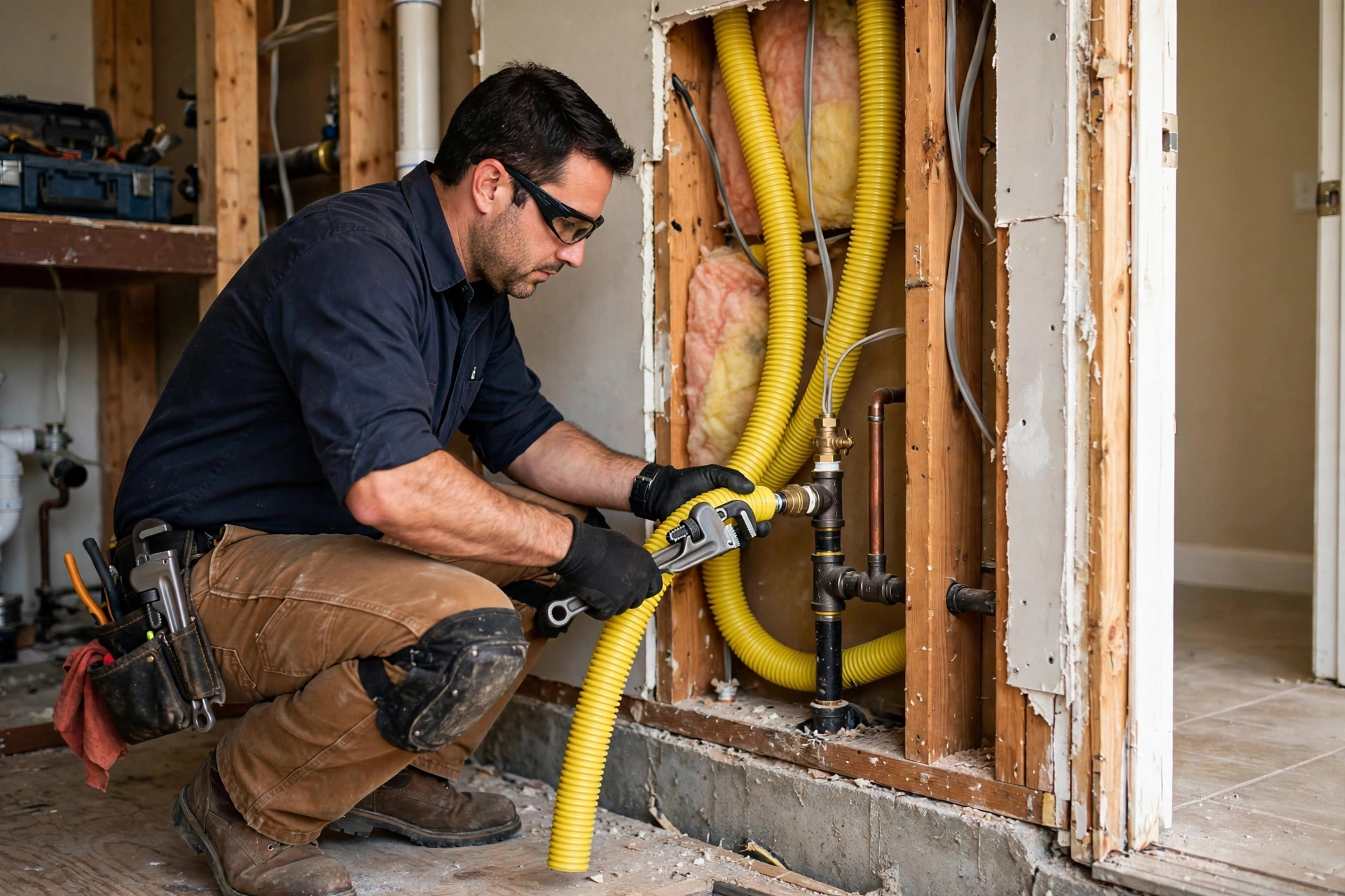 Plumber installing a yellow gas line in a Texas home