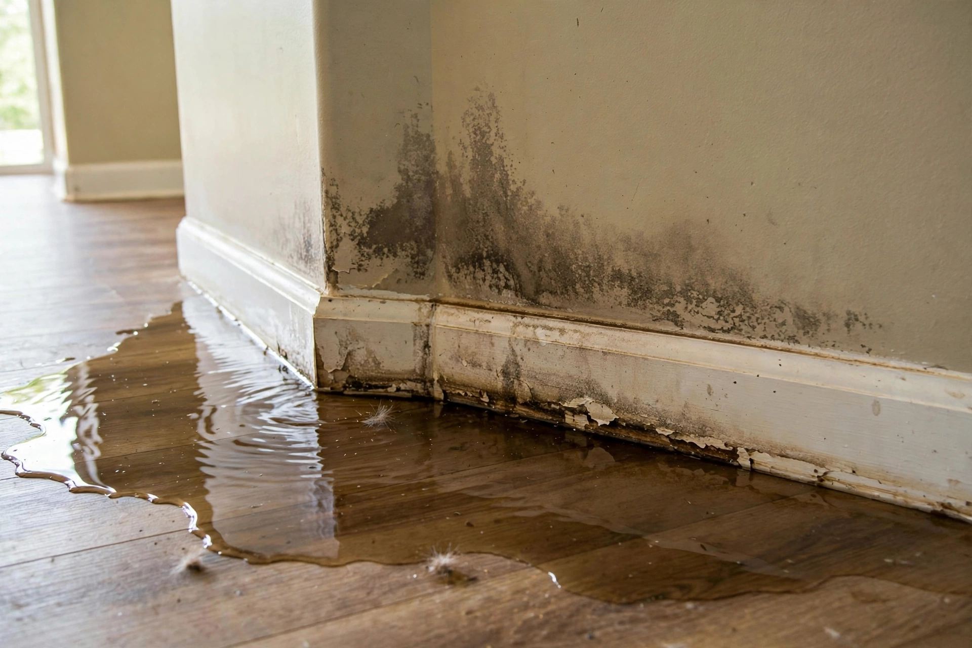 Water pooling on a floor near a wall from a slab leak
