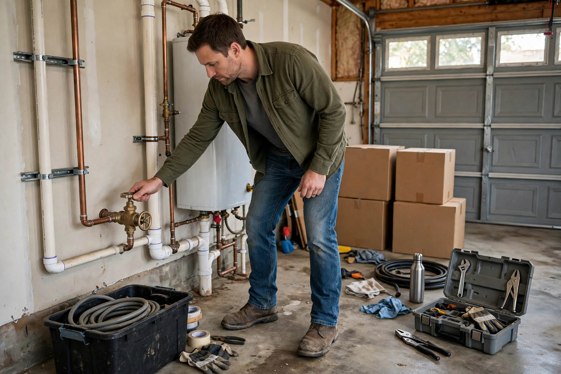 Homeowner turning off a main water shutoff valve in a garage