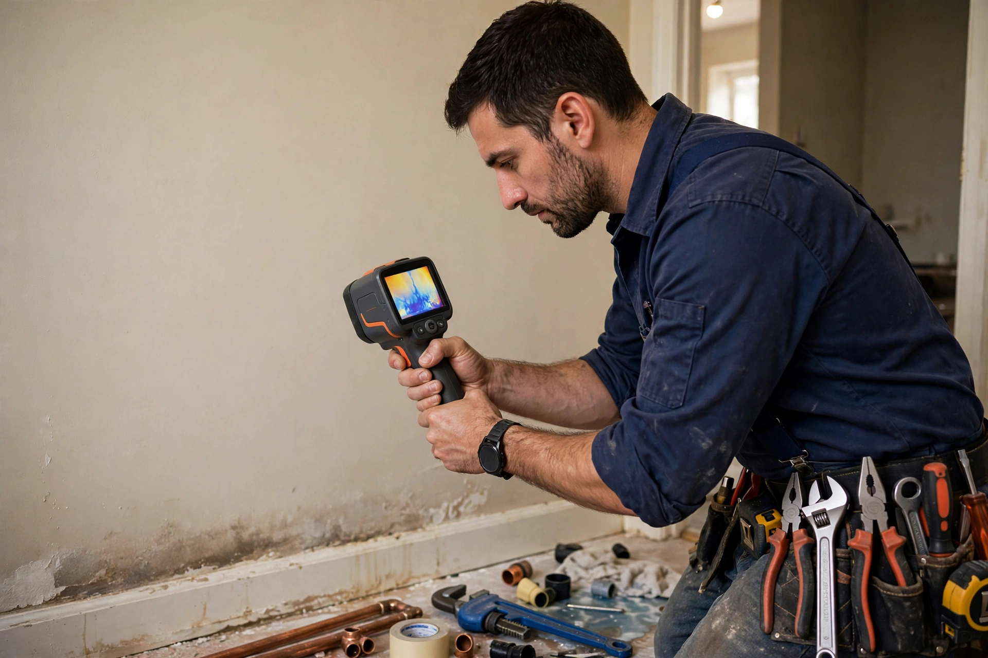 Thermal imaging camera detecting a hidden water leak behind a wall