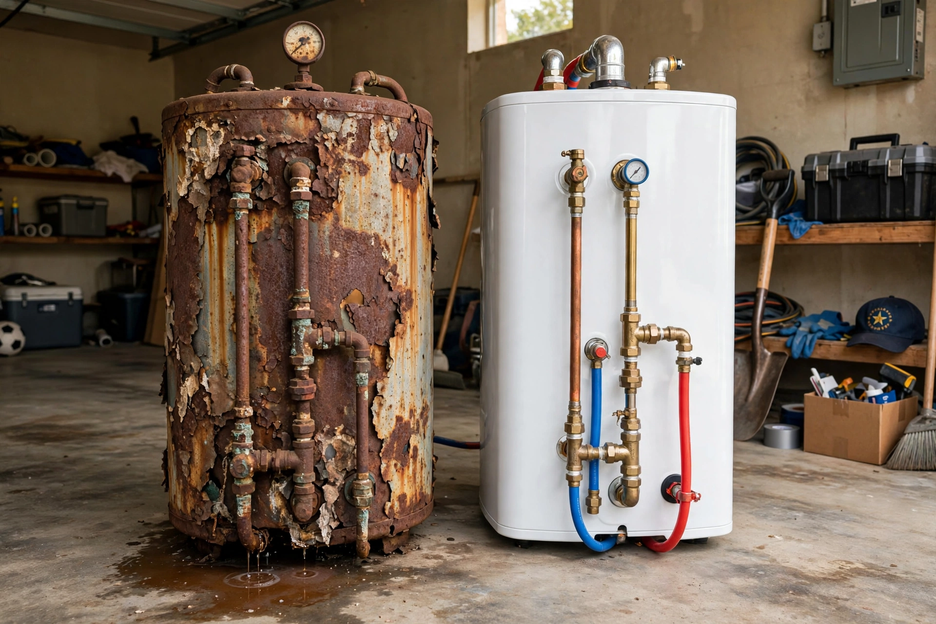 Old water heater next to a new one in a Texas garage