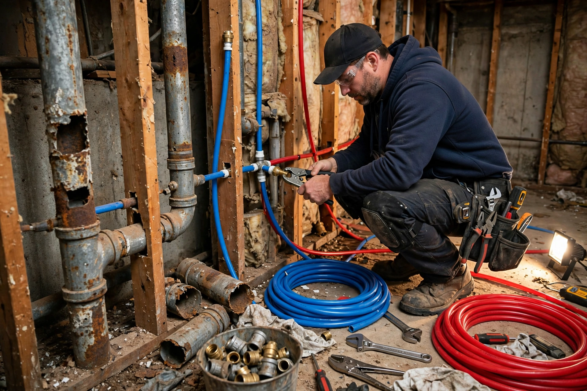 A plumber replacing old galvanized pipe with new PEX during a repiping project
