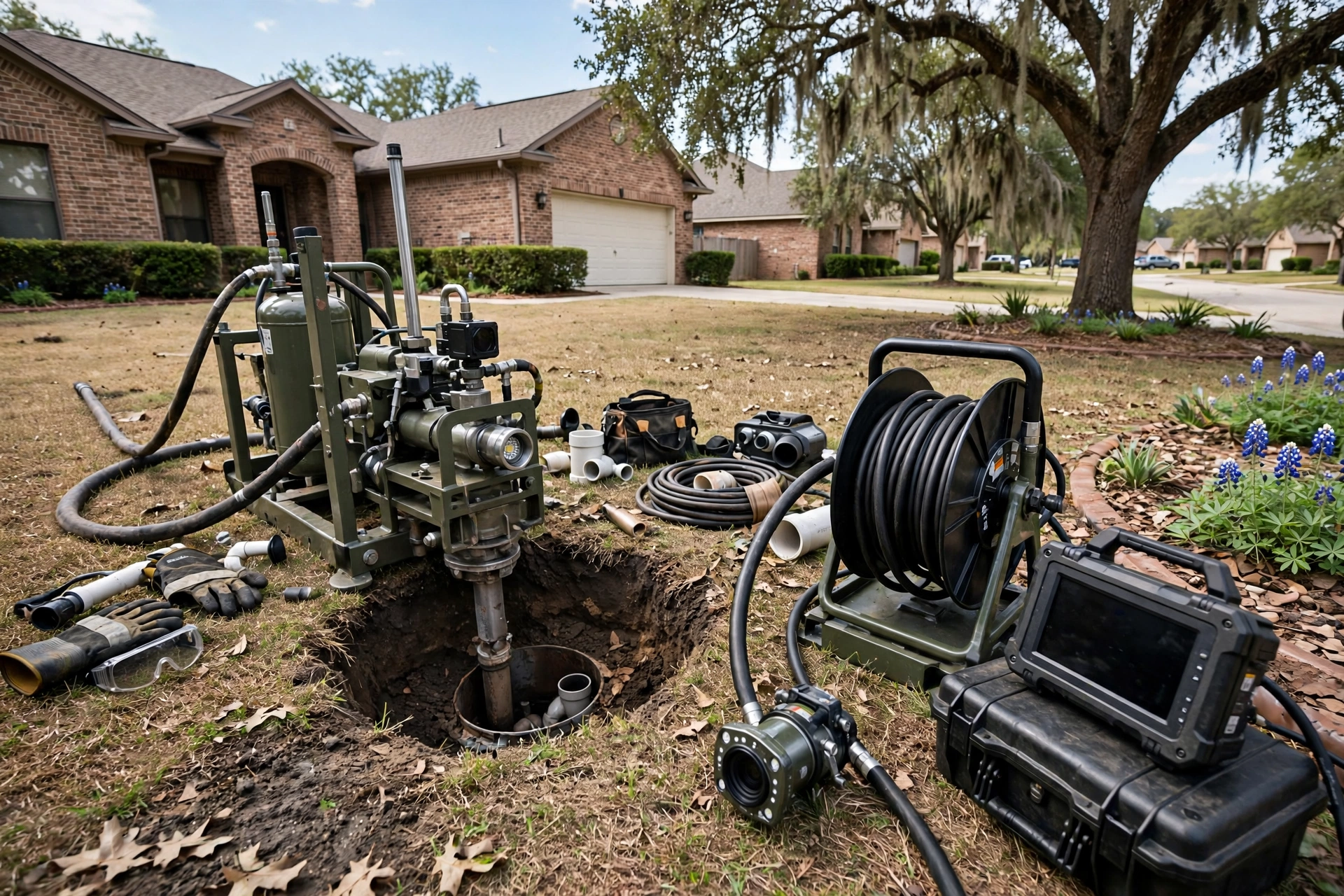 Trenchless sewer repair equipment and a camera in a front yard
