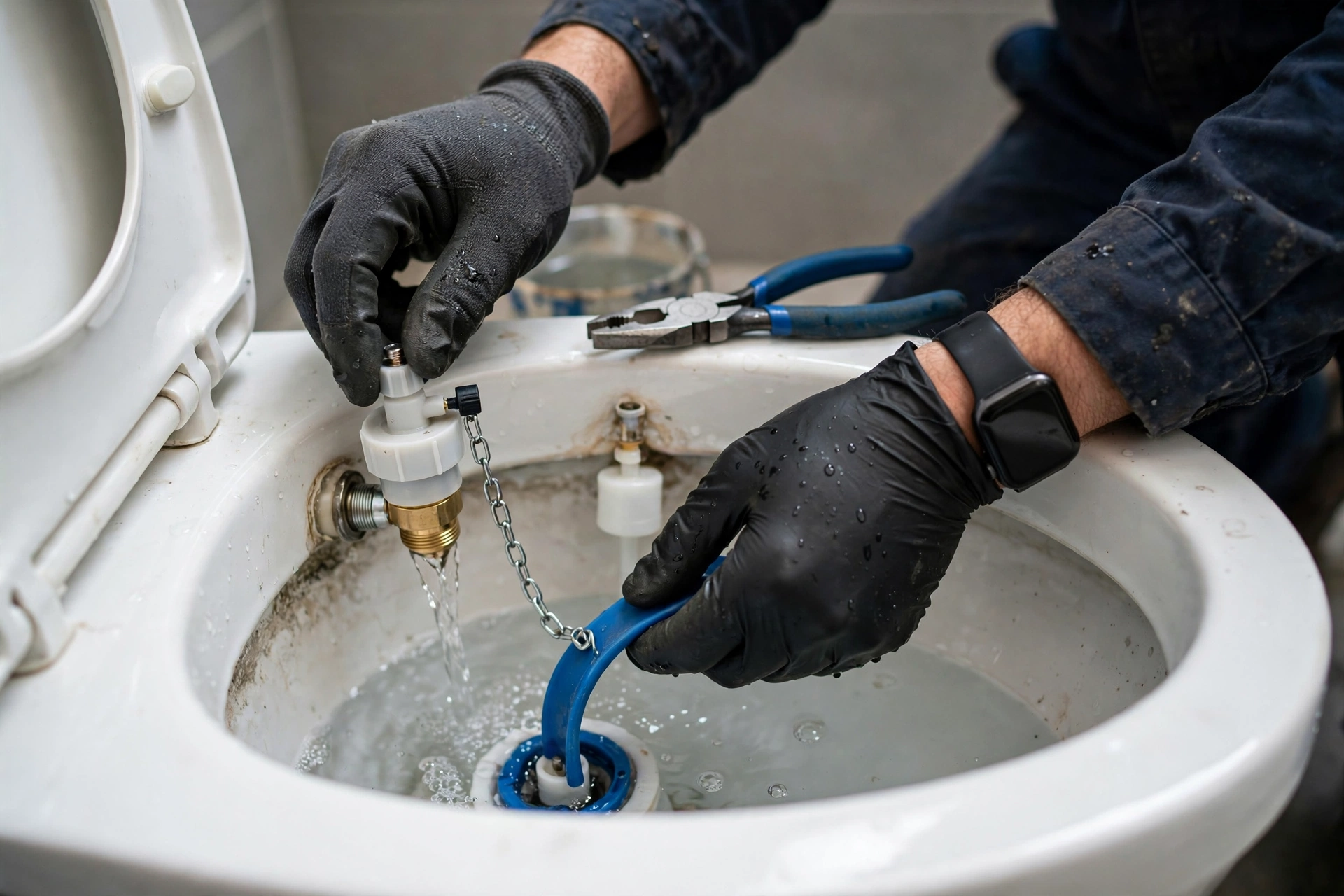 A plumber testing a toilet with a new flapper and fill valve